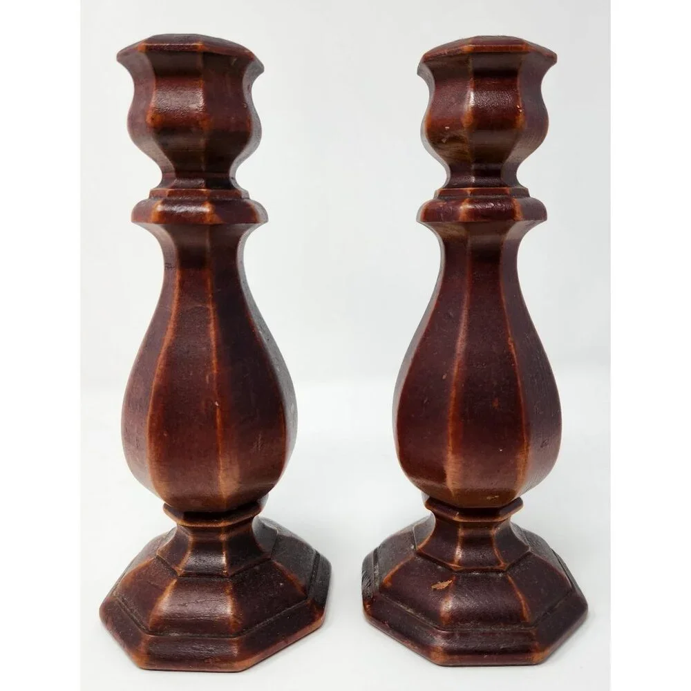 Vintage Hand Carved Wood Taper Candle Holder Candlestick Pair 8